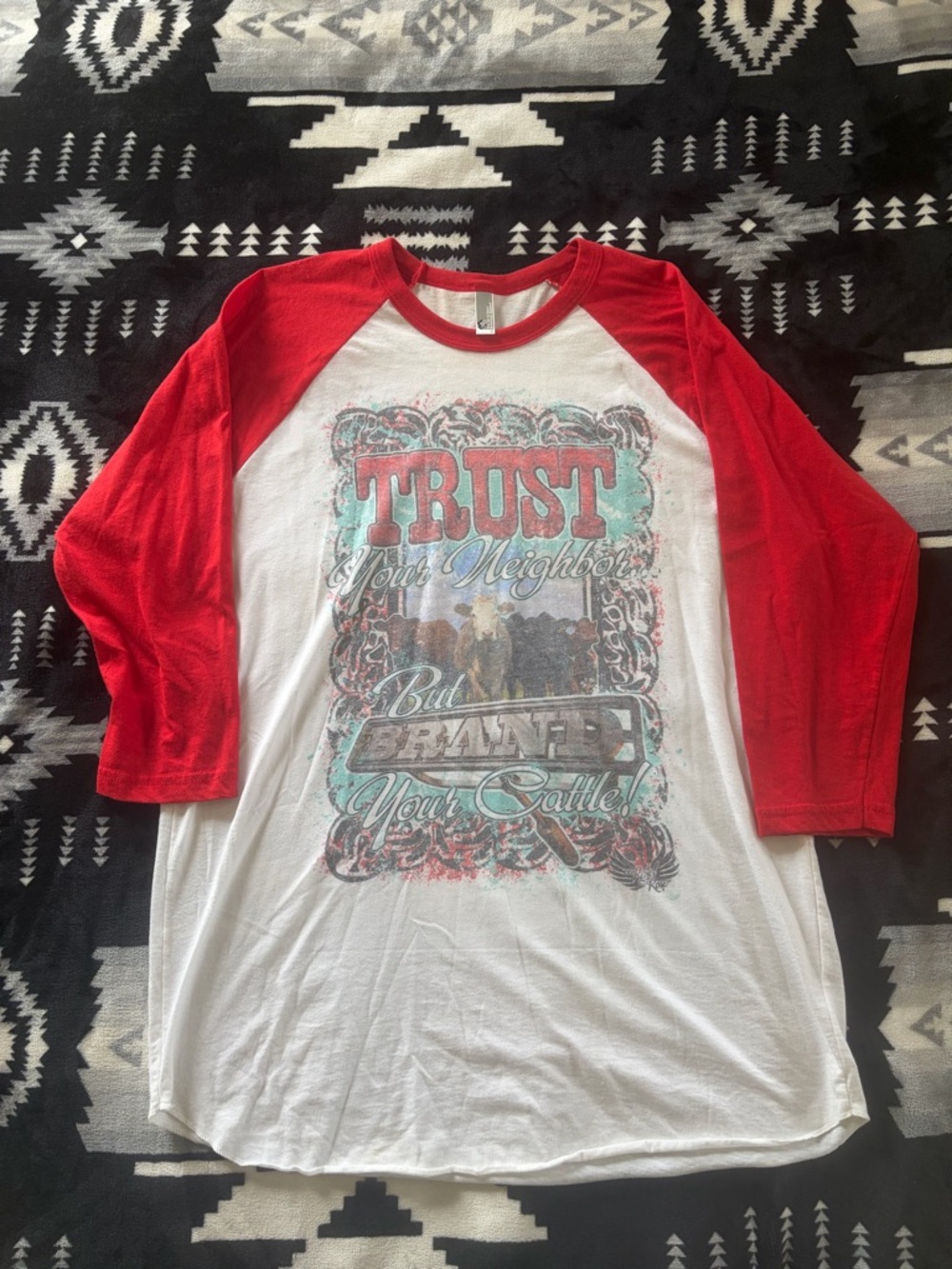 American Apparel Red & White Raglan 3/4 Sleeve Graphic Tee